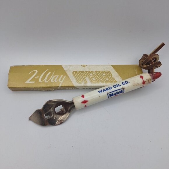 Mobil Ward Oil Munising Michigan 2 Way Bottle Opener Vintage USA Can Cap Metal - Picture 1 of 9